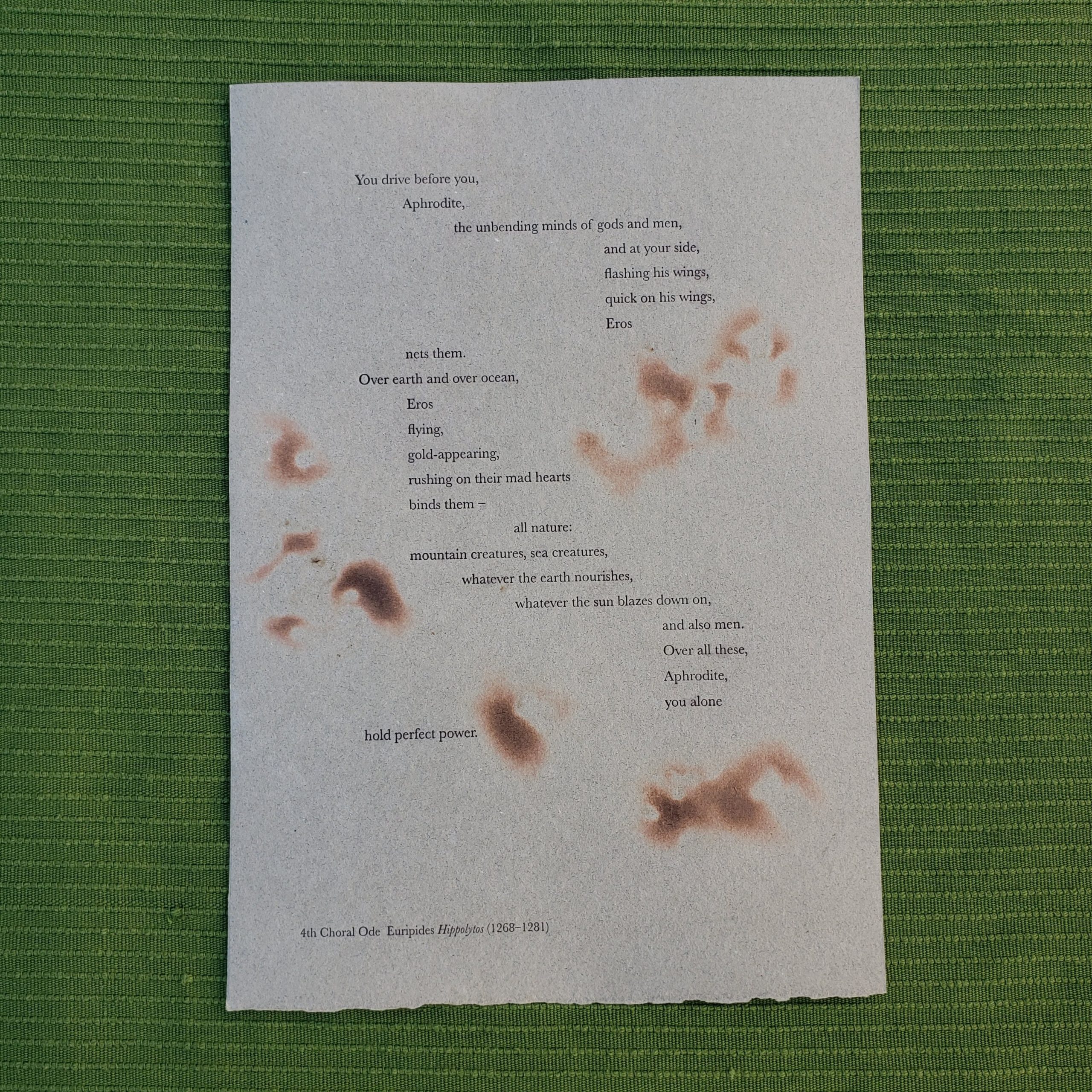 “4th Choral Ode” from Euripides’ Hippolytos, broadside - Anne Carson