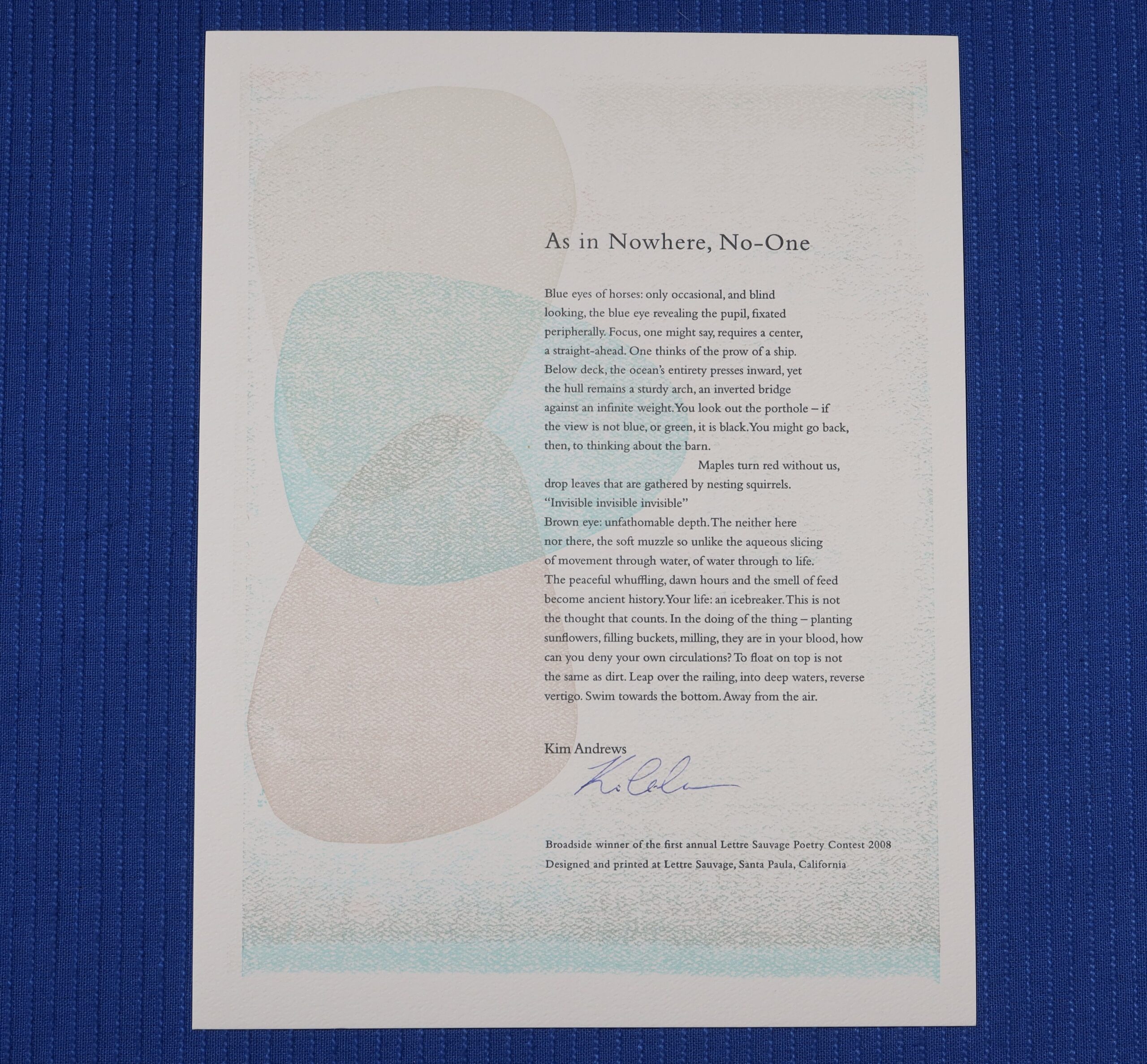 As In Nowhere, No-one, broadside- Kim Andrews